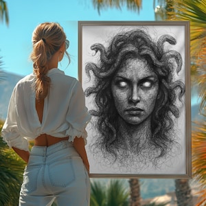 Medusa Drawing Digital Download | Dark Mythical Woman Art | Unique Snake Hair Print