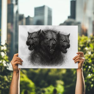 Impresión artística digital con boceto a tinta de Cerberus, perro de tres cabezas, decoración de pared mitológica, fantasía oscura imprimible