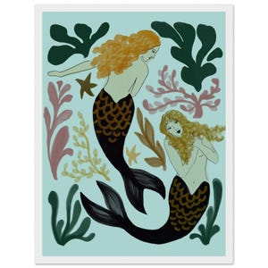 Mermaids Premium Matte Paper Wooden Framed Poster, Mermaid wall art, Modern Art Nouveau wall art