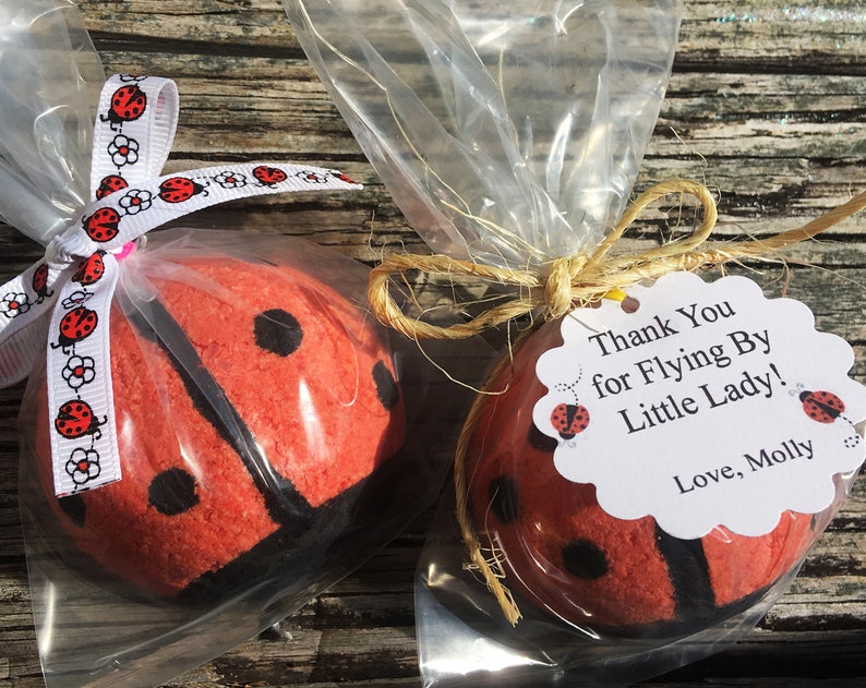 Ladybug Favors Bath Bomb Pack of 8 Bathbomb box w/ Custom Tags Labels Baby Shower Lady Bug Birthday Girl Box of Bathbombs for Party