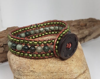 Jasper Leather Bracelet, Beaded  Bracelet, Beaded Leather Cuff Bracelet, Green Gemstone Wrapped Bracelet, Gift for Her, Mother's Day Gift