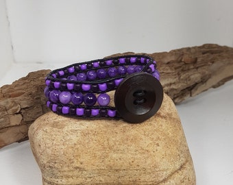 Purple Beaded Leather Bracelet, Purple Jade Cuff Bracelet, Beaded Leather Bracelet, Cuff Bracelet, Gemstone Wrapped Bracelet, Gift for Her
