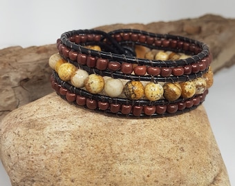 Gemstone and Leather Wrap Bracelet, Picture Jasper Cuff Bracelet, Handmade Leather Bracelet, Cuff Bracelet, Gemstone Wrapped Bracelet