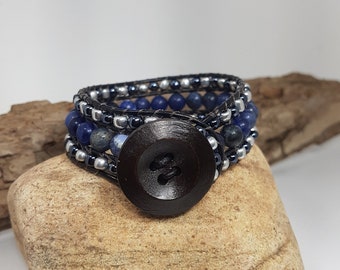 Gemstone and Leather Wrap Bracelet, Blue Sodolite Cuff Bracelet, Beaded Leather Bracelet, Cuff Bracelet, Gemstone Wrapped Bracelet