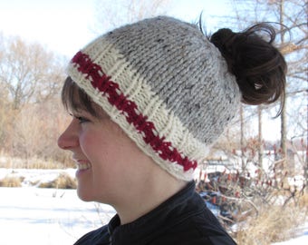 Messy Bun Hat, Pony-tail Hat,  Messy Bun Beanie, Sock Pony-Tail Hat, Winter Hat, Canadian Sock Hat, Knit Accessories, READY TO SHIP