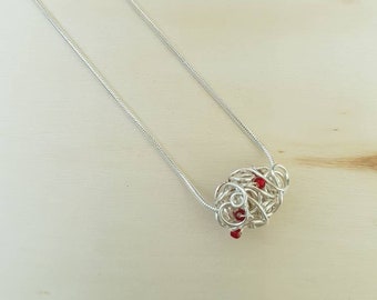 Silver Wire Knot Necklace, Wire Wrapped Pendant with Red Beads, Love Knot Necklace, Your Choice of Chain, Wedding Jewelry, Handmade Jewelry