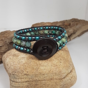 Gemstone and Leather Wrap Bracelet, African Turquoise Cuff Bracelet, Beaded Leather Bracelet, Cuff Bracelet, Gemstone Wrapped Bracelet