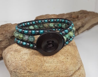 Gemstone and Leather Wrap Bracelet, African Turquoise Cuff Bracelet, Beaded Leather Bracelet, Cuff Bracelet, Gemstone Wrapped Bracelet