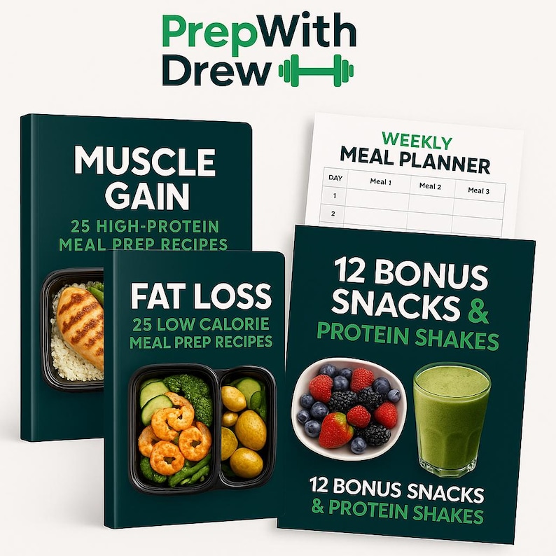 May include: A collection of meal prep guides and a weekly meal planner. The guides are titled "Muscle Gain" and "Fat Loss", with recipes and meal ideas. A bowl of berries and a green smoothie are also shown.