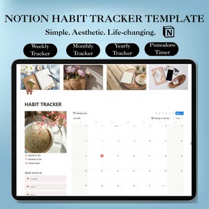 Modelo de Rastreador de Hábitos da Aesthetic Notion, Painel de Controle para Rotinas Diárias e Semanais para TDAH, Planejador de Metas Simples e Rastreador de Autocuidado