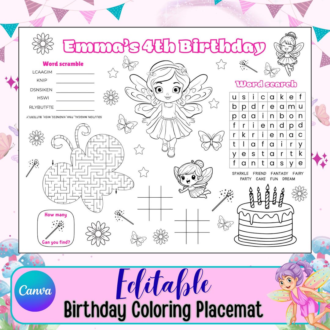 Fairy Birthday Coloring Placemat Printable for Kids, Fairy Party Table ...