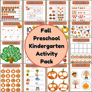 May include: A colorful fall-themed preschool and kindergarten activity pack. The pack includes worksheets for counting, letter matching, number tracing, and shape matching. The central design features the text "Fall Preschool Kindergarten Activity Pack."
