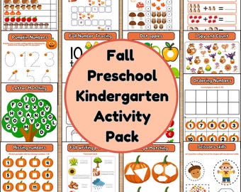 May include: A colorful fall-themed preschool and kindergarten activity pack. The pack includes worksheets for counting, letter matching, number tracing, and shape matching. The central design features the text "Fall Preschool Kindergarten Activity Pack."