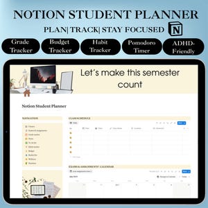 以下が含まれることがあります： タブレットに表示されたデジタルNotion学生プランナー。成績追跡、予算、習慣、ポモドーロタイマーのセクションが含まれています。「今学期を大切にしましょう」というテキスト。