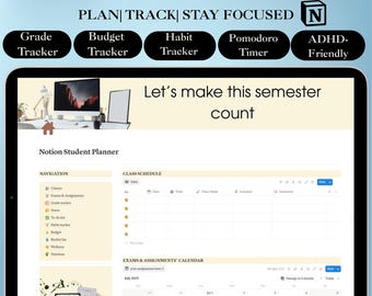 ADHD-Friendly Notion Student Planner Notion University College Planner Aesthetic Student Dashboard All in One Academic Digital Planner