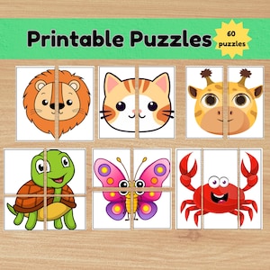 60-Piece Printable Kids Puzzle Set, Matching Game and Symmetry Puzzles for Kids, Printable Toddler and Preschool Montessori Flashcards PDF