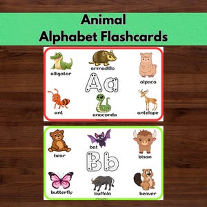 Animal Alphabet Flashcards, ABC Printable Cards for Kids, A to Z Animals Learning, Toddler Preschool Educational PDF, Homeschool Worksheets