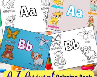 Páginas para colorear del alfabeto para niños pequeños, alfabeto de animales de la A a la Z imprimible en PDF, hojas de trabajo para preescolar y jardín de infantes