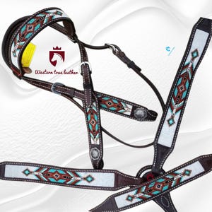 May include: A dark brown leather horse bridle and breast collar set featuring intricate beadwork in turquoise, white, and brown geometric patterns. The set includes silver-toned metal conchos and buckles, with the text Western true leather visible.