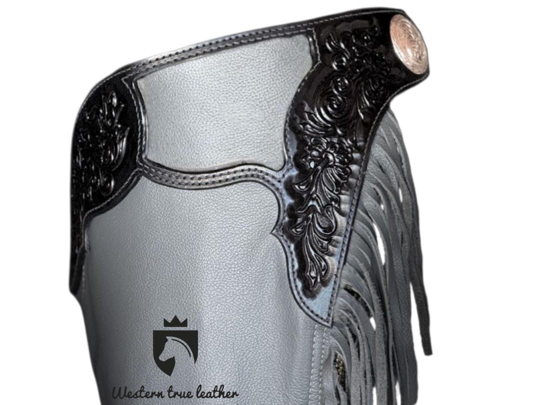 Grey Ranch Riding Chaps Light Grey Leather Chaps: Western Rodeo Chaps With Fringes, Adjustable ...