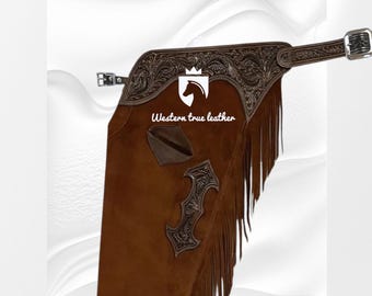 Schokobraune Lederchaps: Western Rodeo Fransen, Kristallarbeit, einstellbare Passform
