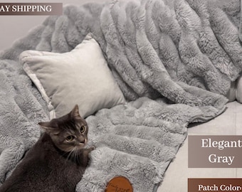 Custom Faux Rabbit Fur Blanket with Laser Engraved Patch, Two-Sided Soft Plush Blanket, Gray & Brown Colors, Premium Cozy Gift, Luxury Throw