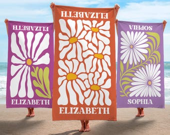 Retro Daisy Personalized Beach Towel, Custom Groovy Flower Towel, Floral Kids & Toddler Towel, Bridesmaid Gift Idea, Summer Beach Towels