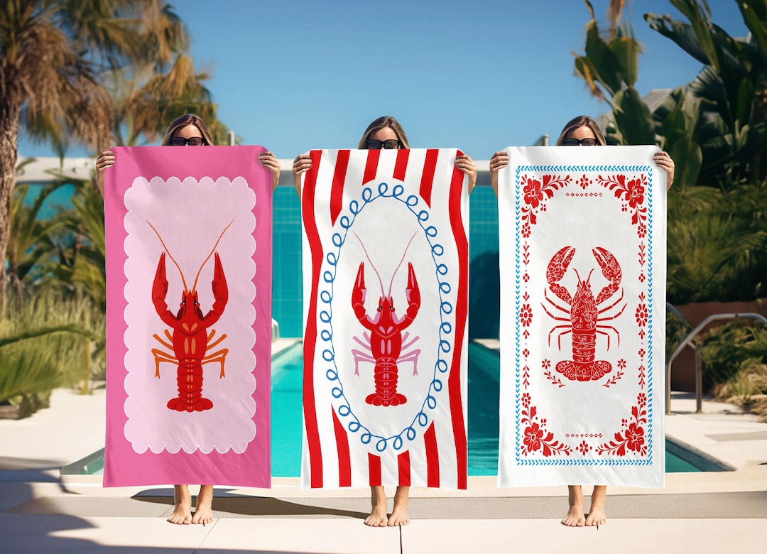 Lobster Beach Towel Mediterranean Pool European Summer Europecore Coastal Aesthetic Gift For Foodie Euro Summer Gift Nautical Lakehouse