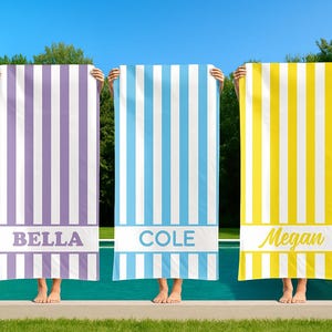 Custom Striped Beach Towel, Personalized Name Pool Towel, Bridesmaid Towel, Birthday Vacation Gift, Vintage Style Towels, Kids Bath Towel