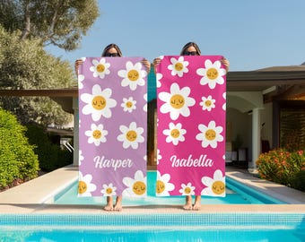 Daisy Custom Beach Towel, Kid's Towels With Daisy, Colorful Beach Towel for Kids, Kids Beach Towel, Kids Custom Name Pool Towels