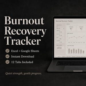 May include: A digital burnout recovery tracker displayed on a laptop, tablet, and smartphone. The screens show charts and data visualizations. Text on the screen includes "Excel + Google Sheets", "Instant Download", and "12 Tabs Included". A "NEW" badge is in the upper right corner.