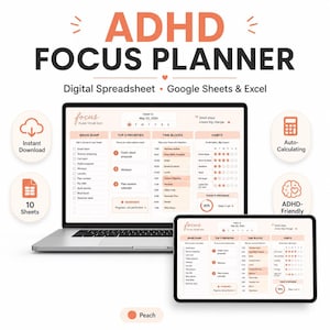 Puede incluir: Un planificador digital ADHD Focus mostrado en una computadora portátil y una tableta. El planificador incluye secciones para descargas cerebrales, principales prioridades, bloques de tiempo y hábitos. El texto incluye "Descarga instantánea", "10 hojas", "Cálculo automático" y "ADHD-Friendly".