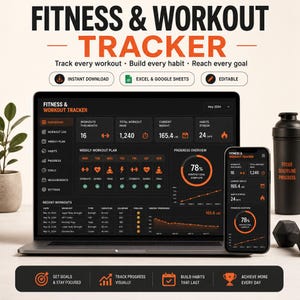 Puede incluir: Una computadora portátil y un teléfono inteligente muestran una interfaz de seguimiento de fitness y entrenamiento. La pantalla muestra registros de entrenamiento, planes semanales y resúmenes de progreso. También se ven una botella de agua negra y una mancuerna.