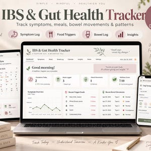May include: An IBS & Gut Health Tracker digital interface displayed on a laptop, tablet, and smartphone. The screen shows a dashboard with symptom logs, food triggers, bowel movement tracking, and wellness insights with text in a soft color palette.