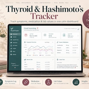 May include: A digital Thyroid & Hashimoto's Tracker dashboard displayed on a laptop screen. The interface features sections for symptom logs, medication tracking, and lab values, including TSH and TPO levels, presented in a clean, organised layout.