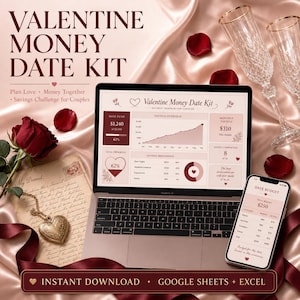 May include: A Valentine's Day-themed digital kit displayed on a laptop and smartphone. The kit includes a savings tracker for couples, with a date budget and savings overview. The image features a rose, champagne flutes, and a heart-shaped locket.