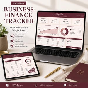 May include: A laptop and tablet displaying a business finance tracker with charts and data. The text on the screen reads "Business Finance Tracker" and "All-in-One Excel & Google Sheets." A gold pen and a notebook are also visible.