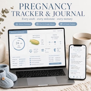 May include: A laptop and smartphone displaying a pregnancy tracker and journal. The laptop screen shows a dashboard with week progress, baby size, and upcoming appointments. A pair of blue knitted baby booties are in the foreground.