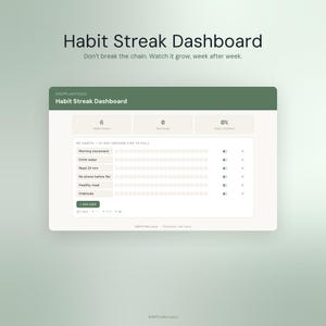 以下が含まれることがあります： Habit Streak Dashboardと書かれた緑色のヘッダーを持つデジタル習慣トラッカーのインターフェース。追跡された習慣、ベストストリーク、今日の達成状況を表示するサマリーボックスと、21日間のトラッカーリストが含まれています。