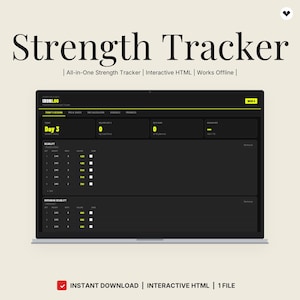 May include: A digital Strength Tracker interface displayed on a laptop screen. The dark-themed dashboard features yellow text, including the title IronLog, Day 3, and various workout metrics. The layout includes sections for deadlift sets, reps, and weight.