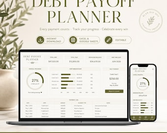 May include: A digital debt payoff planner displayed on a laptop and smartphone. The planner includes sections for total debt, payments, and progress tracking. Text includes "Debt Payoff Planner", "Instant Download", and "Excel & Google Sheets".