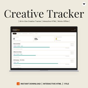 May include: A digital Creative Tracker interface displayed on a laptop screen. The dashboard shows project statistics, including total projects, hours, and commissions. Text includes Creative Tracker, CreateFlow, and project titles like Illustrated Book.