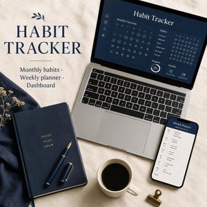 May include: A digital habit tracker displayed on a laptop and smartphone screen, alongside a dark blue notebook with the text FOCUS PLAN GROW, a matching pen, and a white coffee mug. The screen shows a monthly calendar and weekly planner.