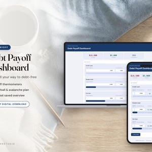 May include: A digital debt payoff dashboard displayed on a laptop and smartphone screen. The interface features sections for credit card, student loan, and car loan balances with progress bars, interest saved overviews, and snowball or avalanche plans.