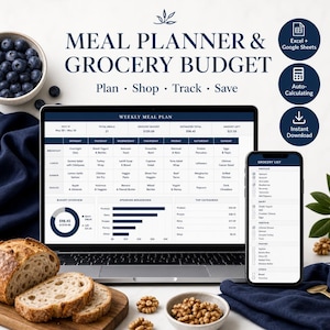 May include: A laptop and smartphone display a meal planner and grocery budget interface. The laptop screen shows a weekly meal plan with budget details. A bowl of blueberries, bread, and walnuts are also in the image.