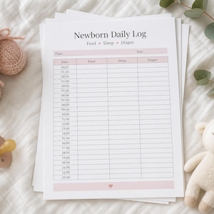May include: A printed Newborn Daily Log sheet with columns for feed, sleep, and diaper tracking. The document features a pale pink header and footer, a pair of light pink knitted baby booties, a pink pacifier, and a small plush lamb toy.