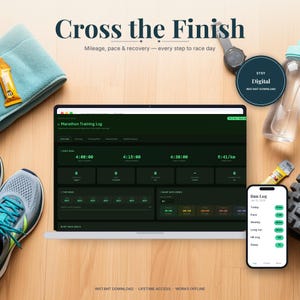 Puede incluir: Un portátil que muestra un panel de control Marathon Training Log con texto verde sobre fondo oscuro, rodeado por una toalla azul, un reloj deportivo, una botella de agua, una zapatilla de correr y un smartphone con un Run Log de datos.