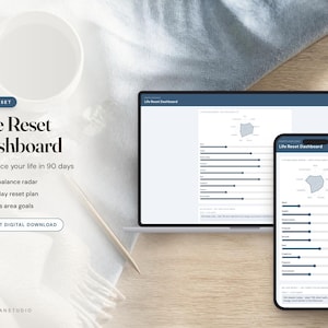 Könnte beinhalten: Ein digitales Life Reset Dashboard auf einem Laptop- und Smartphone-Bildschirm. Die Benutzeroberfläche zeigt ein Lebensbalance-Radardiagramm, Fortschrittsbalken und Zielbereiche. Der Text lautet Life Reset Dashboard, Rebalance your life in 90 days.