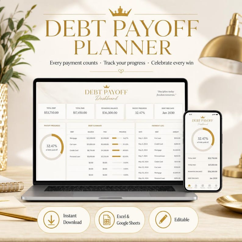 May include: A laptop and smartphone display a debt payoff planner dashboard. The screen shows financial data, including total debt, remaining balance, and progress. The image includes the text "DEBT PAYOFF PLANNER" and icons for instant download, Excel, and editable formats.