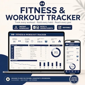 May include: A digital fitness and workout tracker displayed on a laptop and smartphone. The interface shows workout data, weekly plans, and progress metrics. The design includes the text "Fitness & Workout Tracker" and "Instant Download".